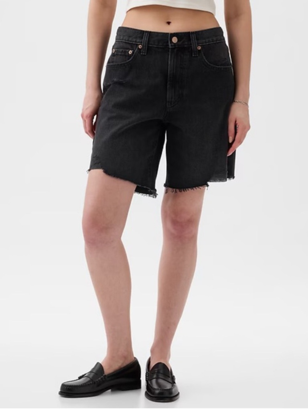 We The Free Black Raw Hem Mid Rise Denim Bermuda Shorts 25